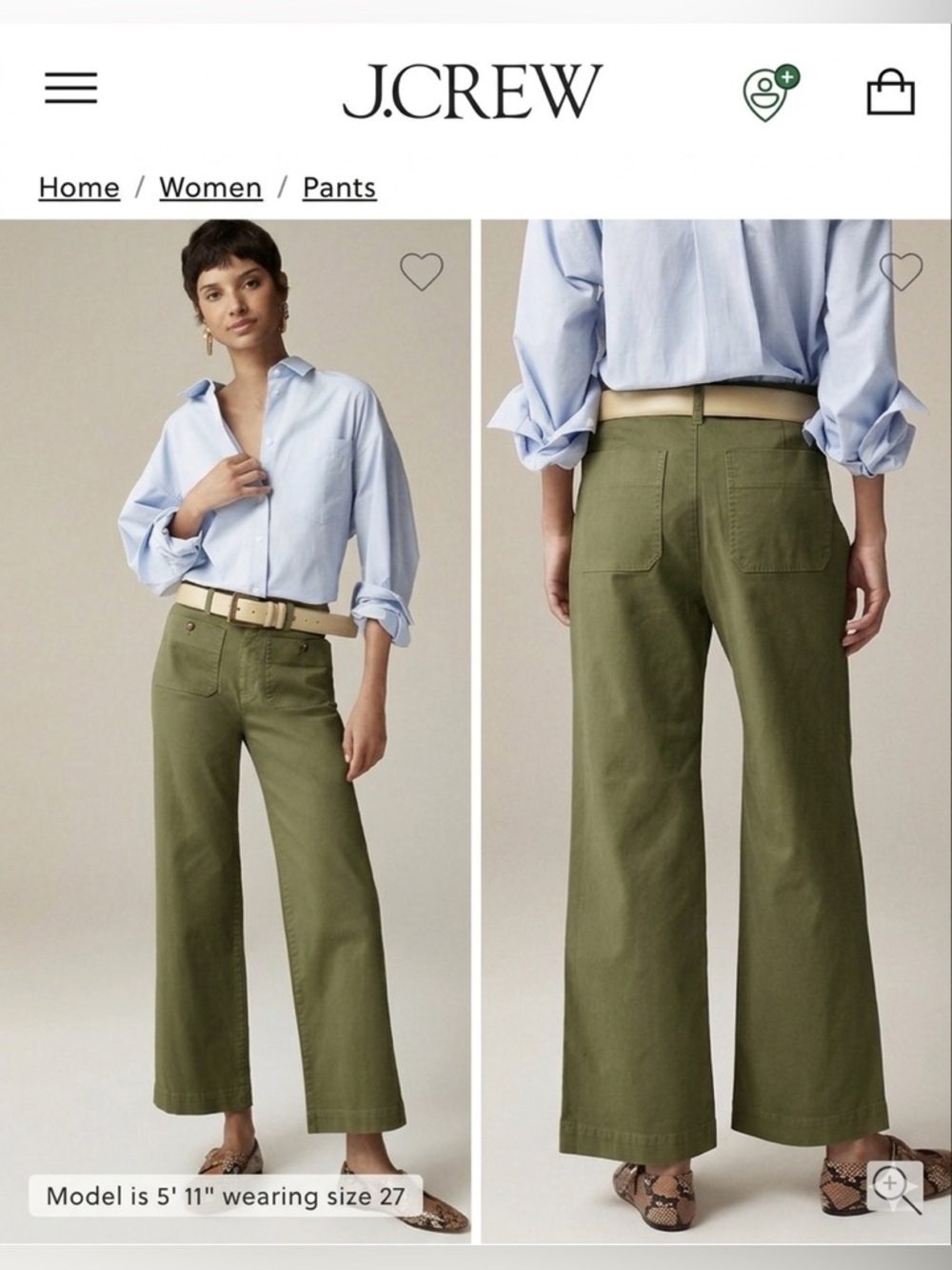 Sailor slim wide-leg chino pant in olive green size 29